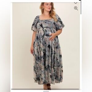 PinkBlush Black Floral Puff Sleeve Maternity Plus Maxi Dress 1XL
